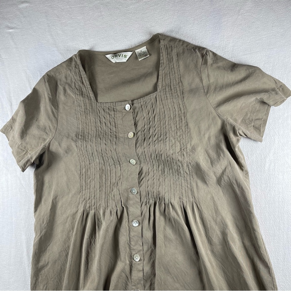 Orvis vintage Taupe Pintuck 100% silk Button-Front Dress cottage core prairie
